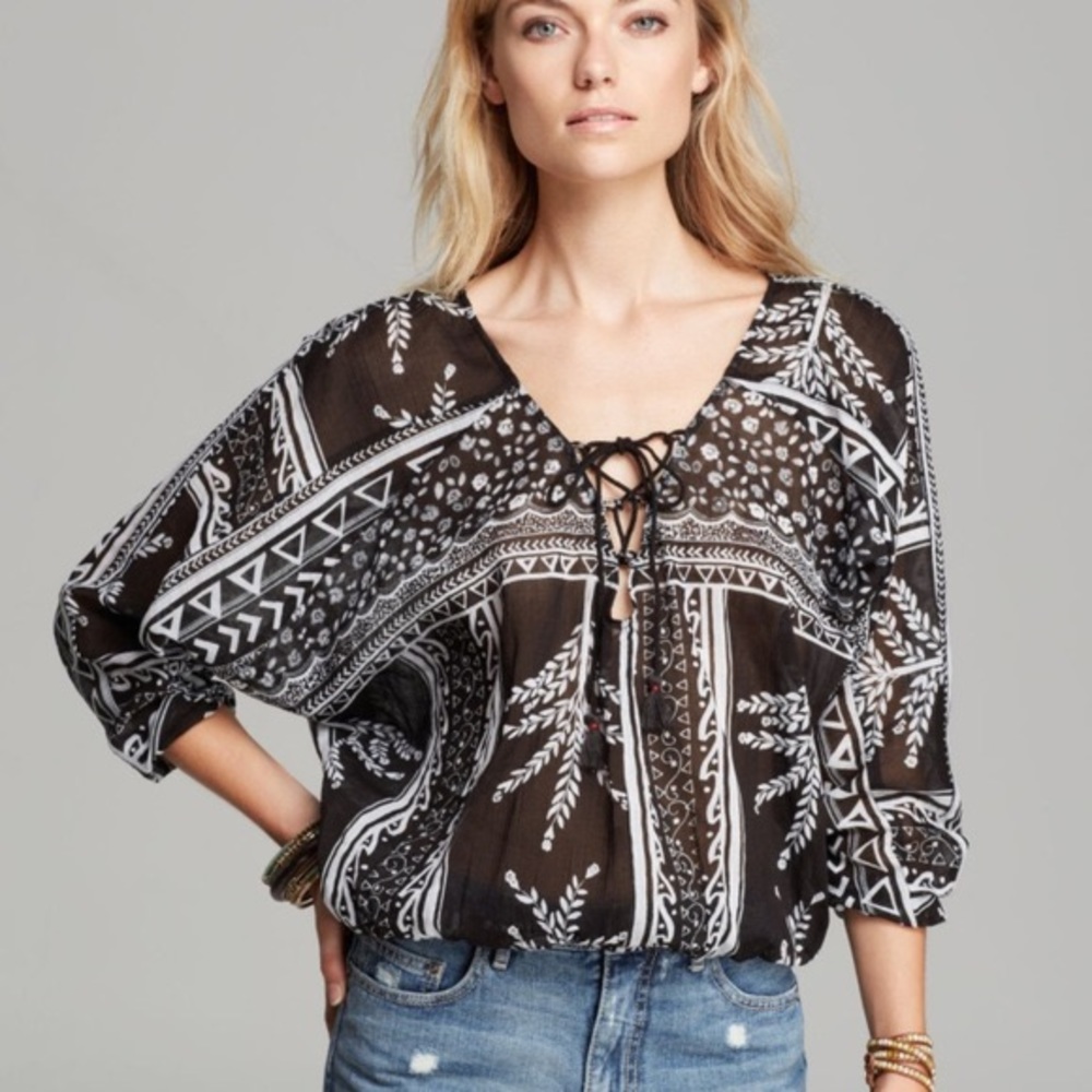 Free People Yo Yo lace up peasant sheer blouse